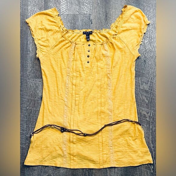 F.A.N.G. Mustard Yellow Boho Peasant Top L | Lace Trim & Bead Tie Accent - Picture 2 of 9
